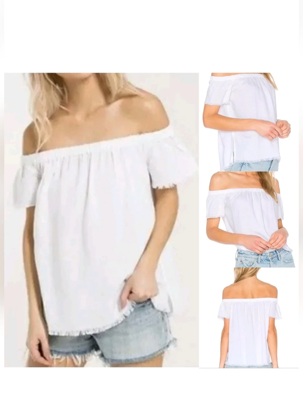Cloth & Stone Anthropologie White‎ Off the Shoulder Small Top Fray Hem Tencel
